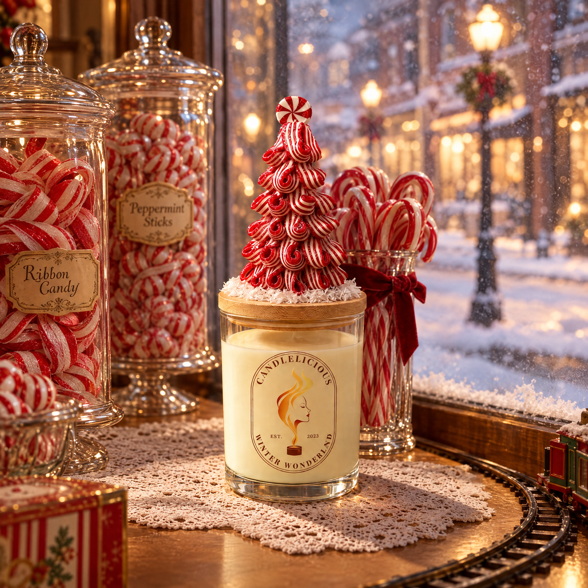 Winter Wonderland candle in a candy shop window among jars of ribbon candy