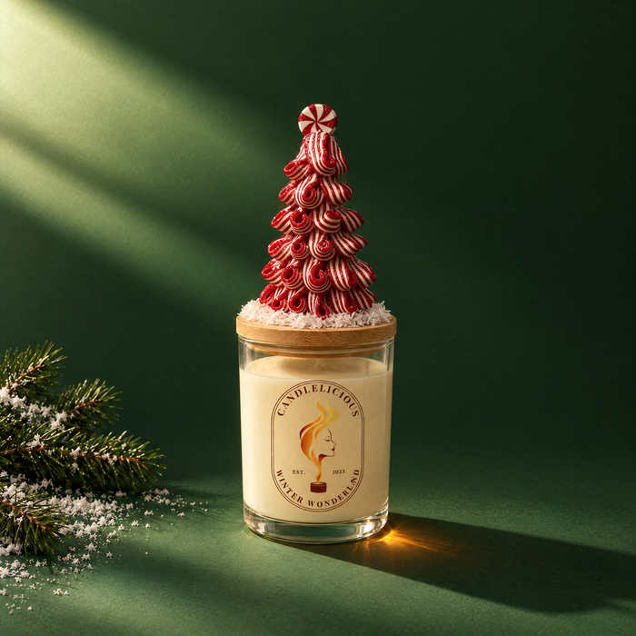 Winter Wonderland candle with a candy-stripe tree on the lid, on an evergreen backdrop