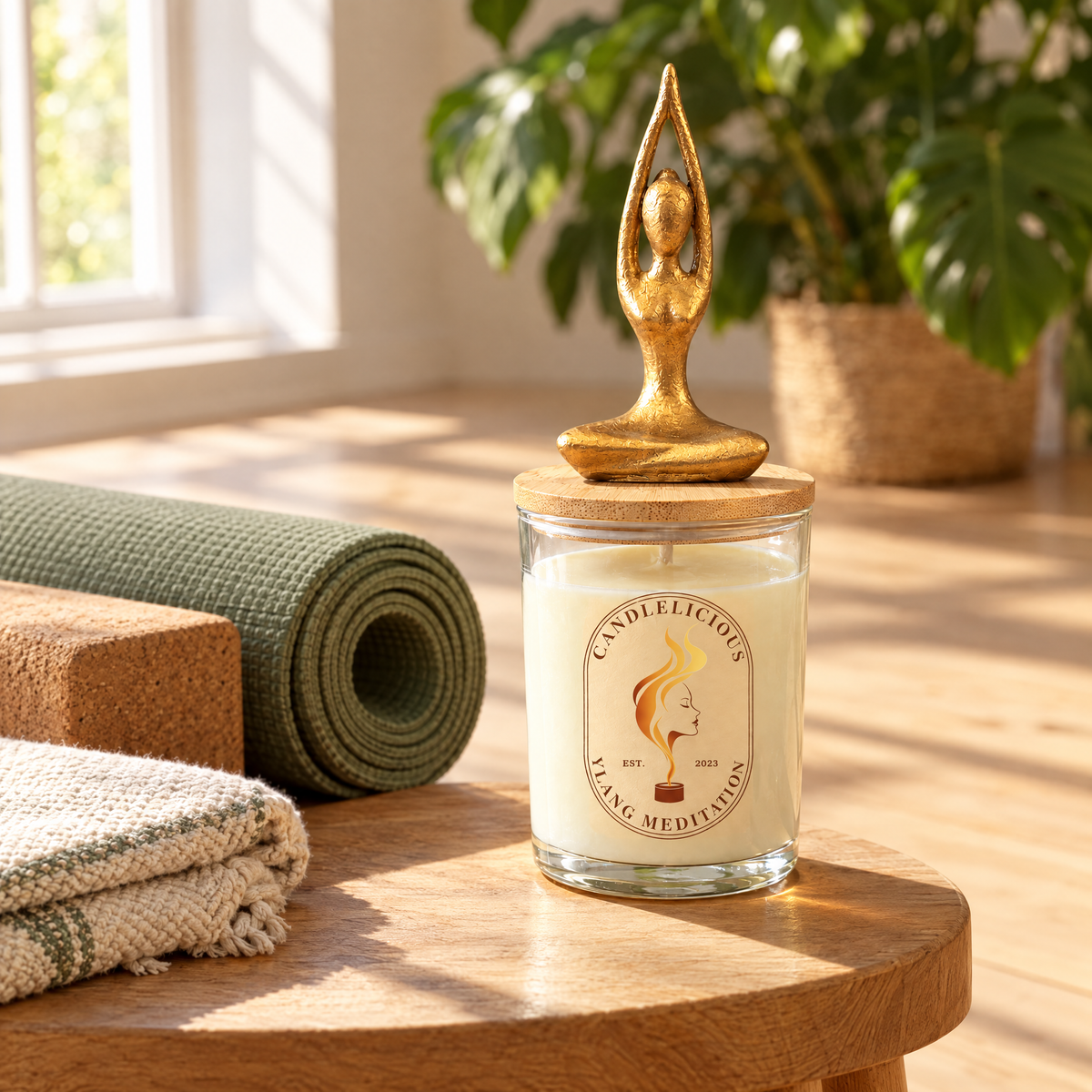 Ylang Meditation candle on a wooden stool beside a rolled yoga mat