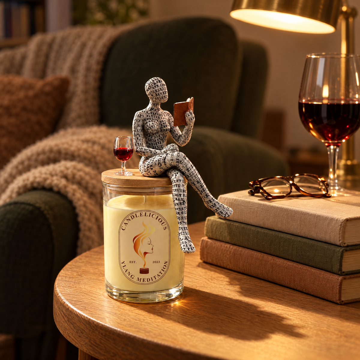 Ylang Meditation candle on a reading nook side table beside books and a glass of red wine