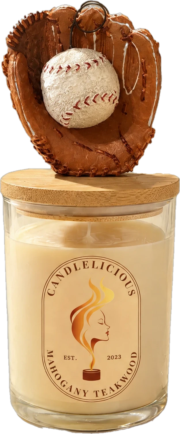 Mahogany Teakwood candle with a leather baseball glove and ball on the lid