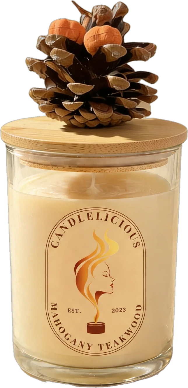 Mahogany Teakwood candle with a pinecone on the lid