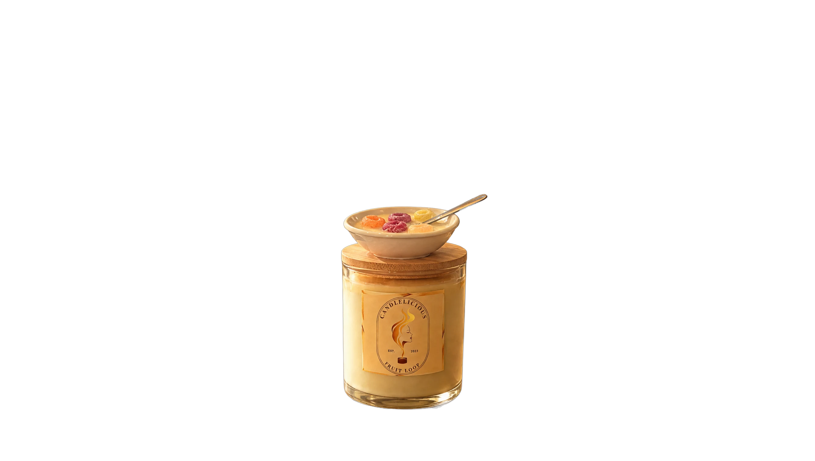 Fruit Loop candle with a bowl of cereal on the lid, on a coffee table in morning sun