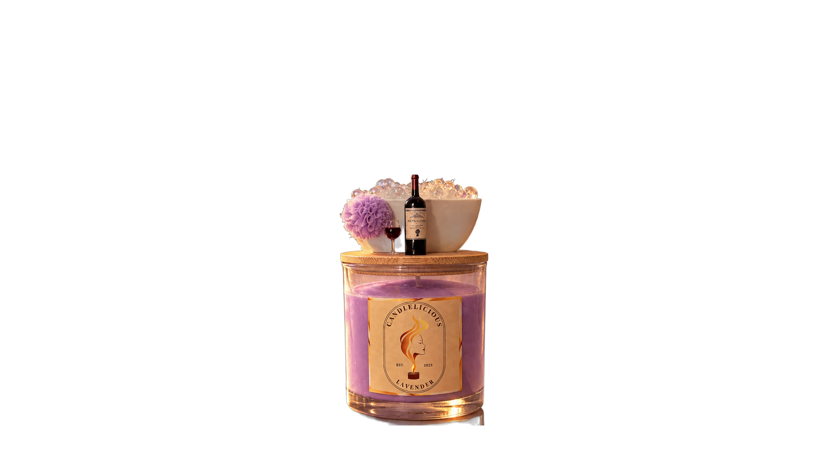 Lavender candle with a bubble bath and a bottle of red on the lid, on the rim of a bath at sunset