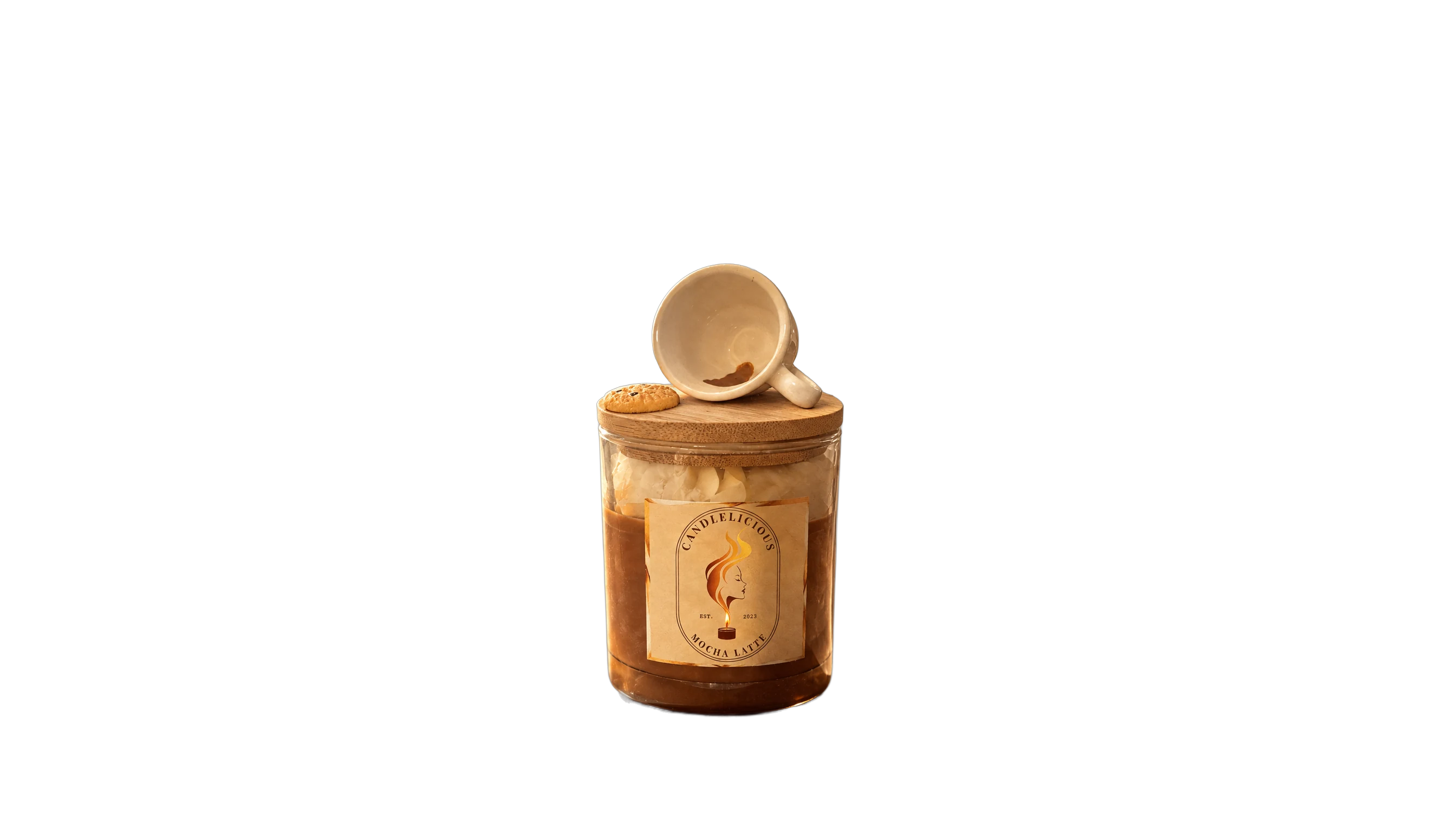 Mocha Latte candle with a tipped coffee cup and a cookie on the lid, on a sunny window sill