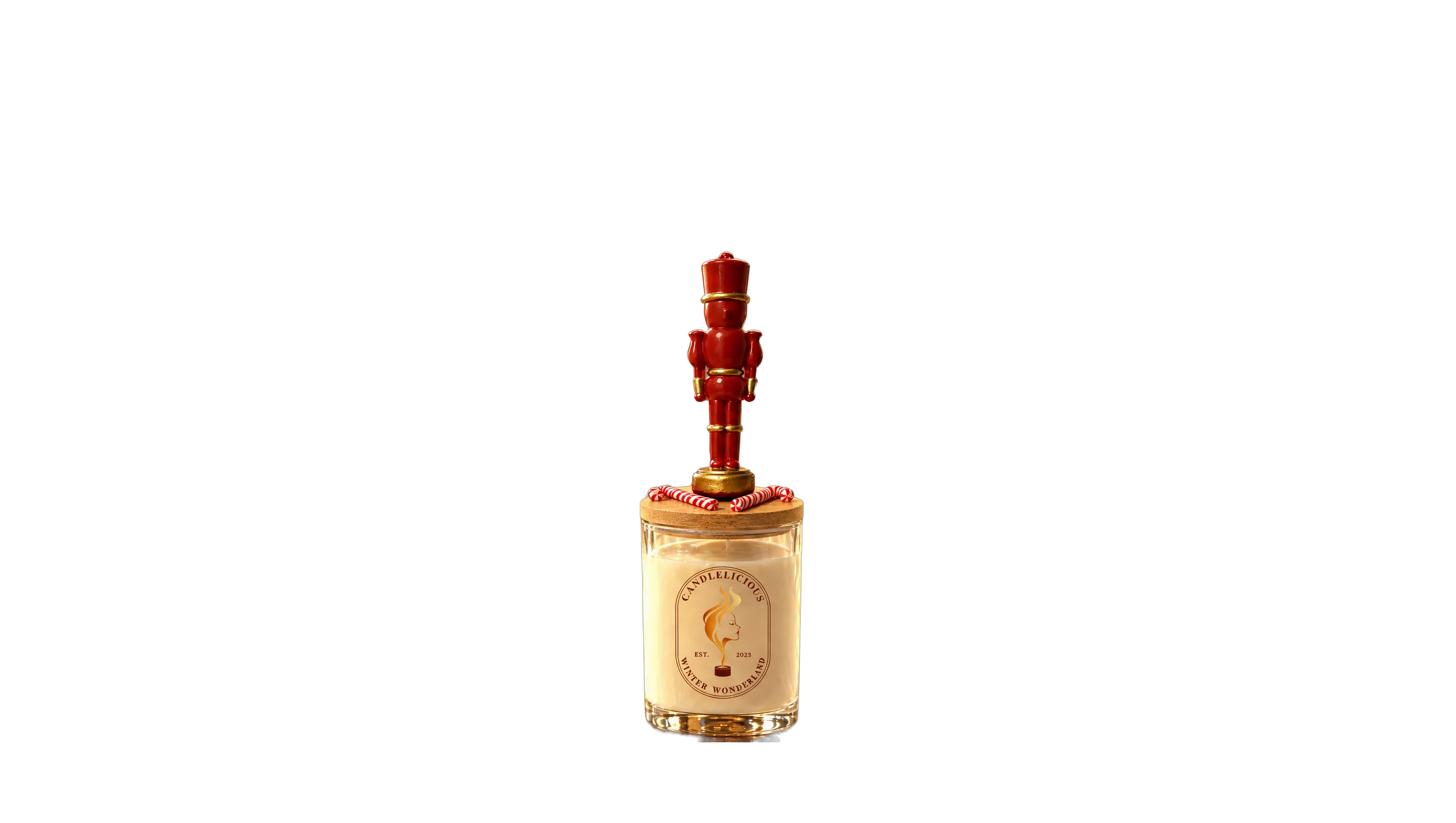 Winter Wonderland candle with a red and gold nutcracker on the lid, on a stage before a glowing Christmas tree